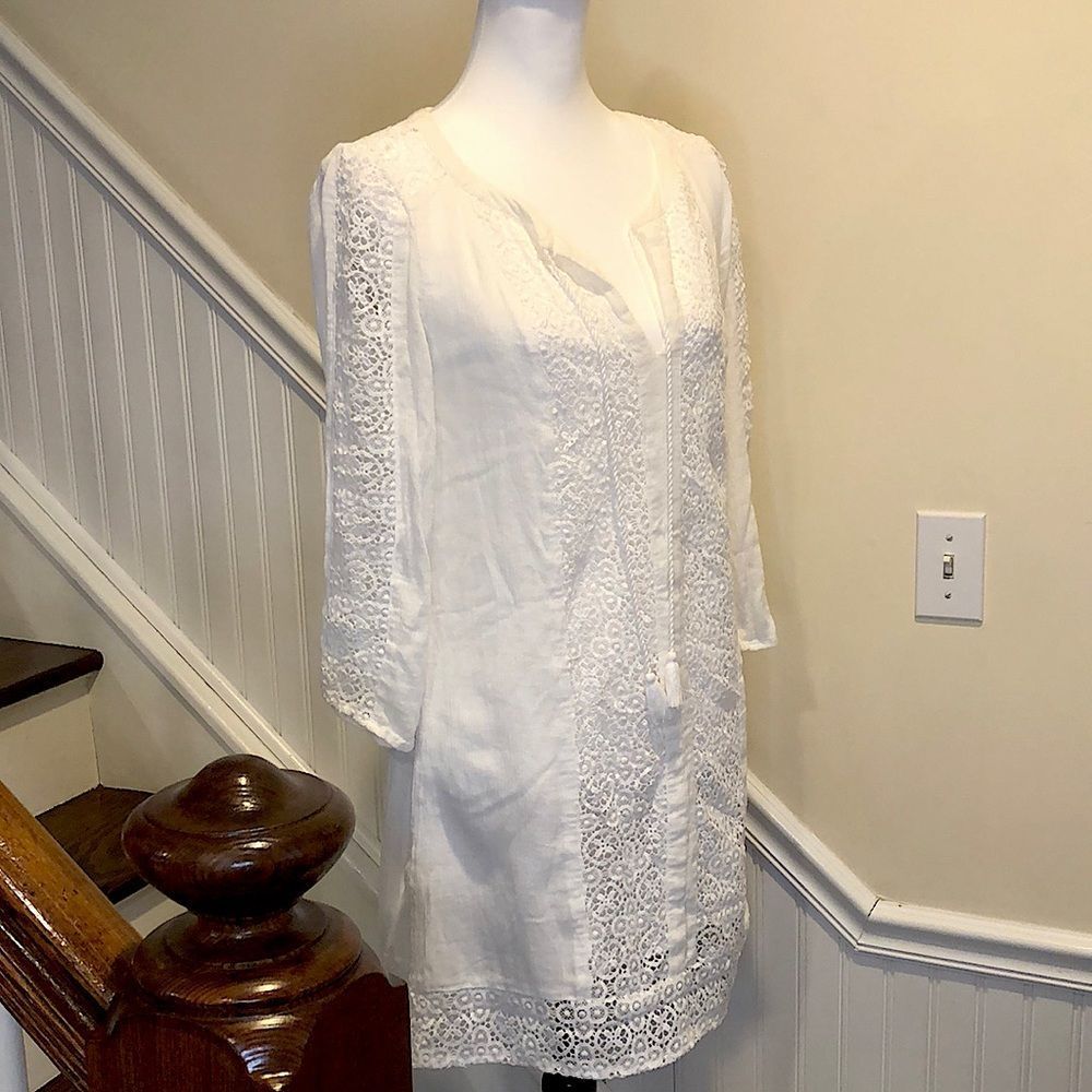LUCKY BRAND Fully Lined White Crochet Long Sleeve Tunic w Tassels Sz Small - Picture 4 of 16
